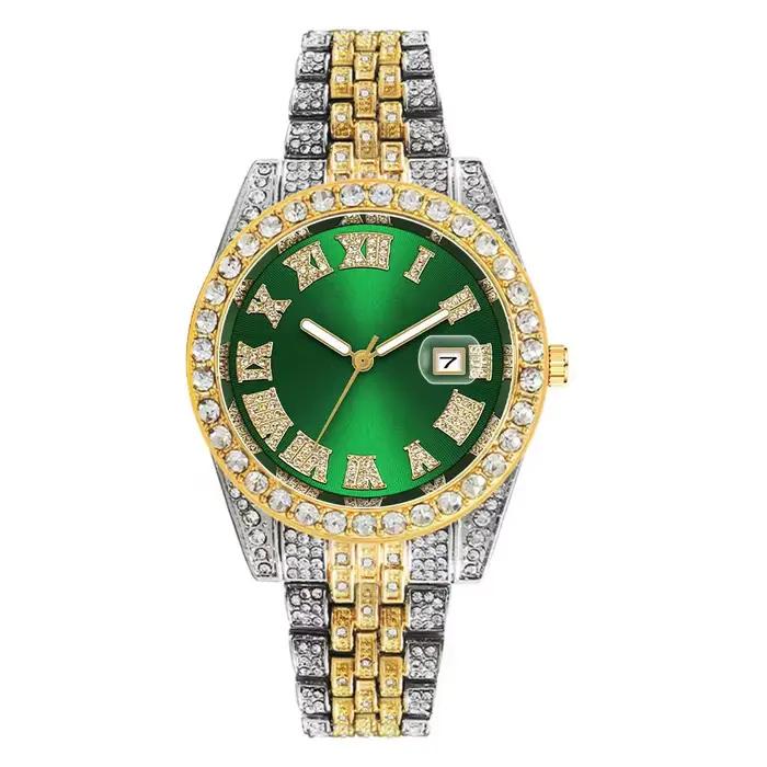 Montre de luxe Hip Hop en acier inoxydable pour hommes, couleur or, calendrier, strass pavés glacés