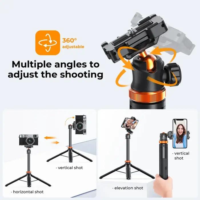 K&F CONCEPT MS08 Trépied pour téléphone portable 62''/1,58 m, bâton à selfie noir et orange avec tél