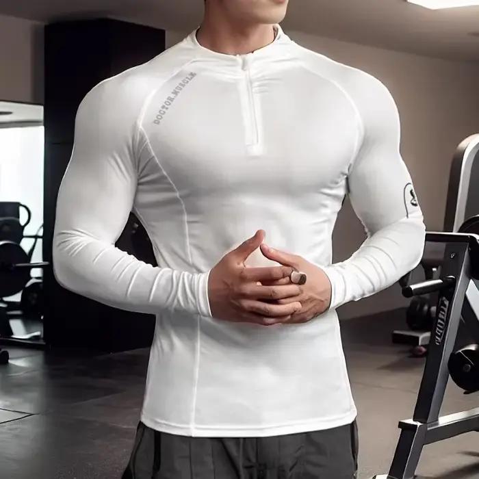 T-shirt sport hommes manches longues séchage rapide élastique serré col rond fermeture éclair printemps automne