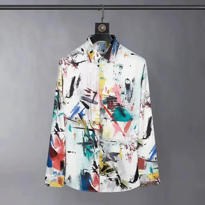 Chemise en polyester pour homme 2026 avec imprimé graffiti, manches longues, coupe ajustée, streetwe