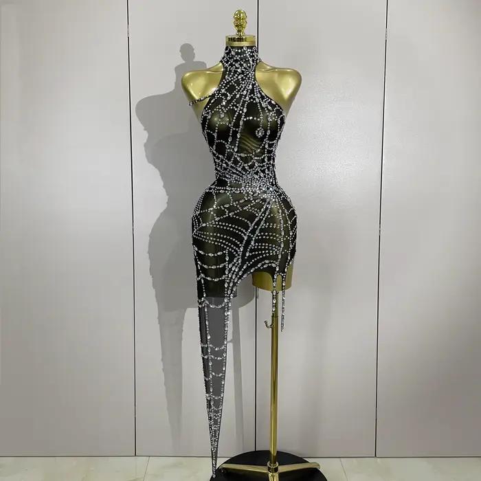 STOCK brillant diamant Sexy maille asymétrique moulante Mini robe femmes discothèque Bar fête specta