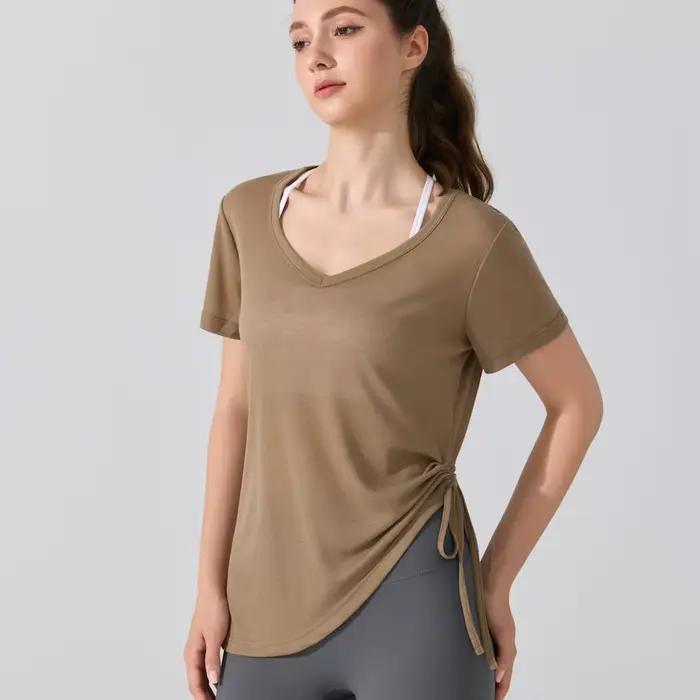 2025 T-shirt athlétique à manches courtes coupe ample pour femme – Conception à cordon plissé – Haut