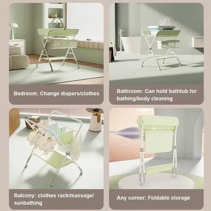 Table à langer bébé avec roulettes, station à couches pliable réglable en hauteur, portable, avec or