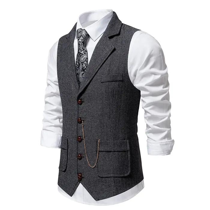 Gilet rétro à chaîne à revers pour hommes, mode chevrons, poches en Tweed grossier, gilet de costume
