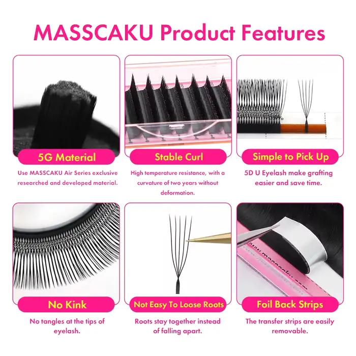 MASSCAKU Extensions de cils 3D/4D/5D/6D en forme de U épaisseur 0.07mm tissé à la main pré-fabriqué