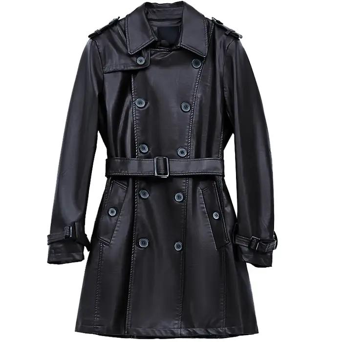 Mauroicardi automne noir Faux cuir Trench manteau hommes à manches longues ceinture Double boutonnag