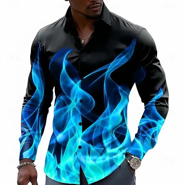 Chemise à boutons pour homme à effet d'illusion optique flamme néon, décontractée, à manches longues