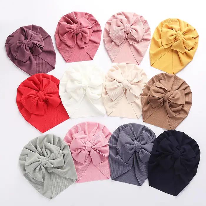 Chapeaux Turban à nœud de lapin côtelé solide pour bébés garçons et filles, bonnets rayés fins et él