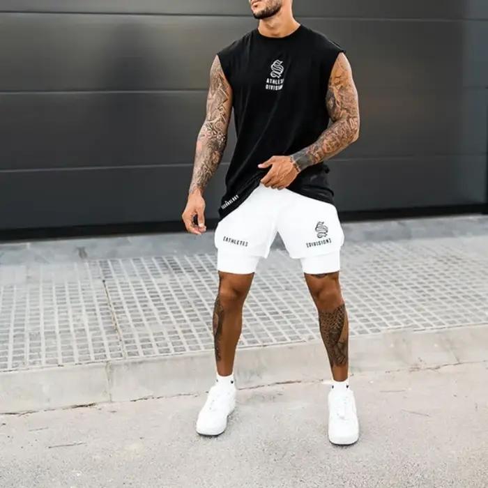 2025 nouveau 2 en 1 Sport course décontracté respirant Shorts hommes Double pont Jogging séchage rap