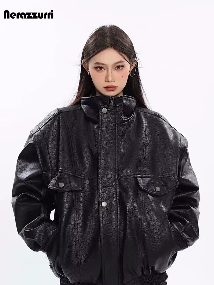 Nerazzurri – veste en cuir Pu noir pour femme, vêtement surdimensionné, coupe-vent, épais, fermeture