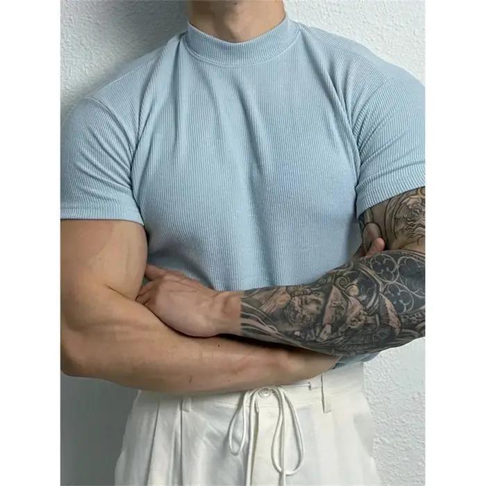 T-shirt sport homme rayé printemps été - Col haut élastique pour fitness et activités de loisirs