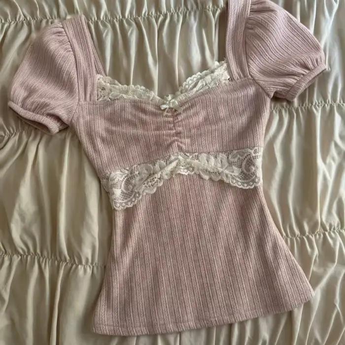 Hauts Y2K Grunge à manches courtes pour femmes, chemise estivale en dentelle patchwork, style coquet