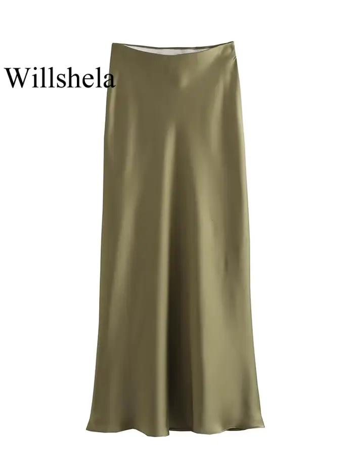 Willshela 2024 jupe en Satin noir femme taille haute jupes longues élégantes pour les femmes mode ét