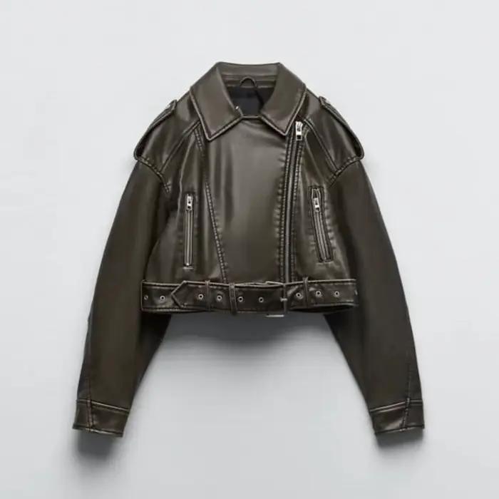 Femmes Vintage ample lavé Faux cuir veste courte Streetwear femme fermeture éclair ceinture Moto Bik