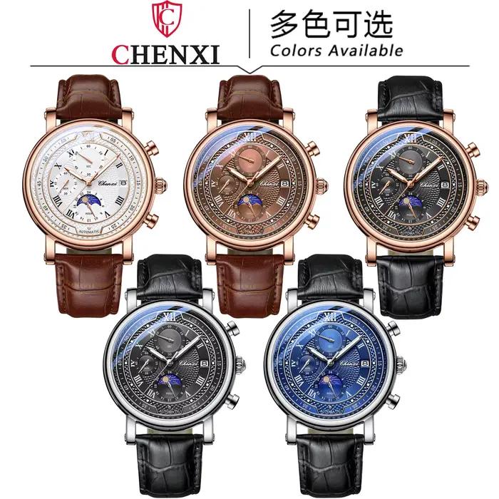 Chenxi 976 cuir chronographe Date hommes Phase de la lune chronométrage affaires lumineux montre à Q