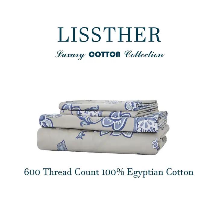 Ensemble de draps en coton égyptien 100% 600TC, 4 pièces, motif Paisley damassé bleu Boho, doux pour