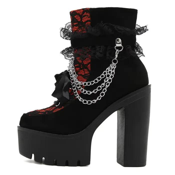 Gdgydh-Bottes gothiques vintage pour femmes, bottes de rinçage en dentelle, talon épais, fermeture à