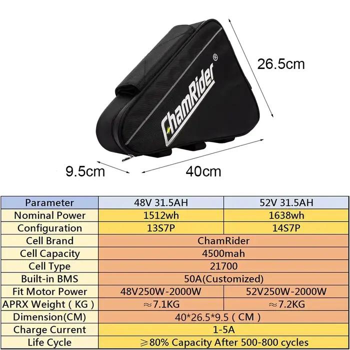 Batterie ChamRider 48V48AH, pack de batterie pour vélo électrique 52V 40.5AH, 2000W, 21700, triangle