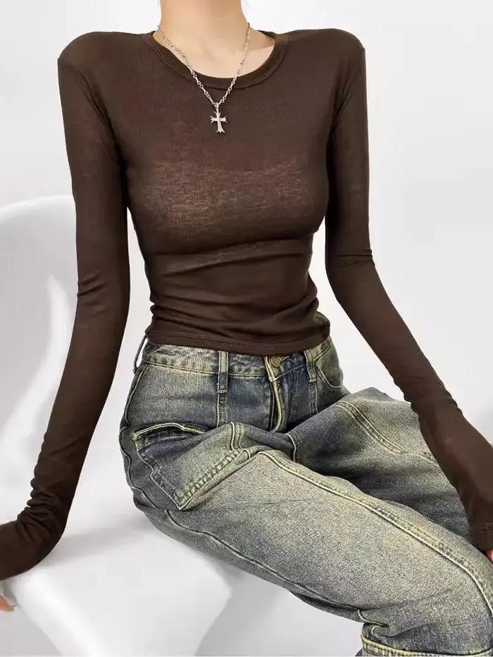 T-shirt semi-transparent à manches longues et col rond pour femme