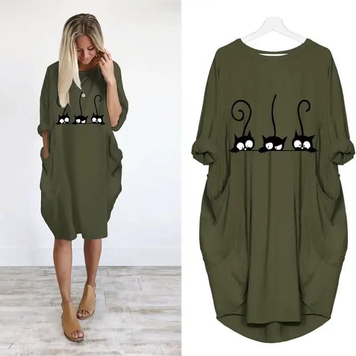 Robe ample à manches longues pour femmes, grande taille, automne hiver, décontractée, col rond, coul