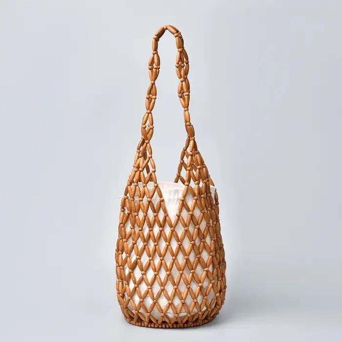 Sac à main tissé pour femmes, sac à perles en bois ajouré, sac seau à bandoulière, sac à main de pla