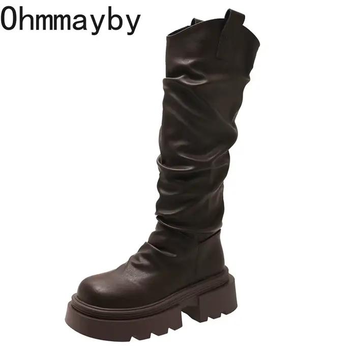 Automne hiver plate-forme fond épais femmes bottes longues mode sans lacet chaussures Vintage dames