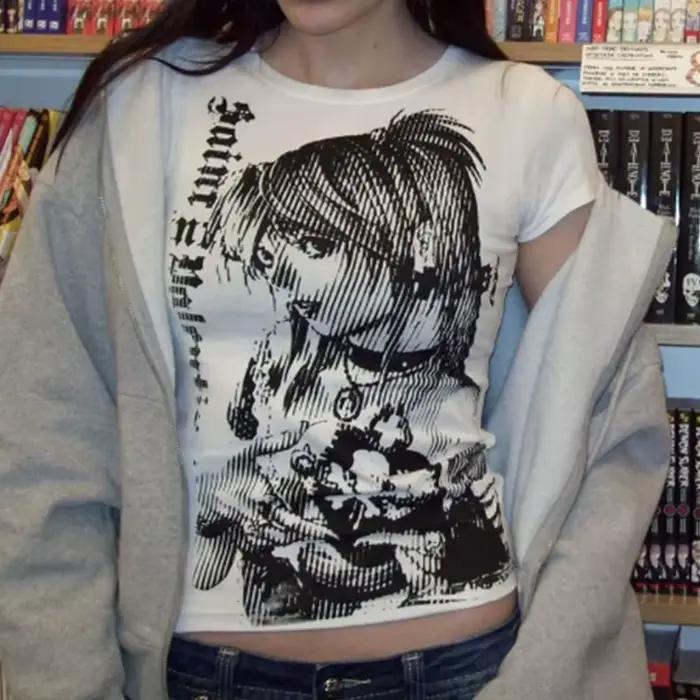 Y2k anime Streetwear col rond 90s texte impression hauts femmes Harajuku vêtements Simple Vintage T-