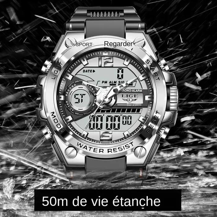 LIGE numérique hommes montre militaire 50m étanche montre-bracelet LED Quartz horloge Sport