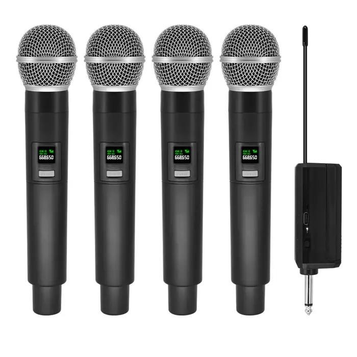 Microphone sans fil professionnel, 4 canaux, karaoké, rechargeable, facile à utiliser, pour l'extéri