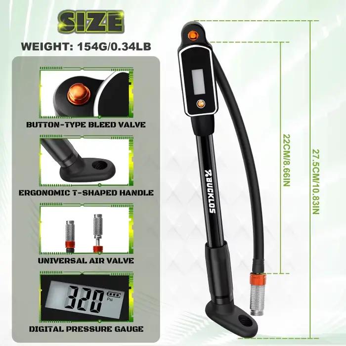 Pompe à air manuelle pour vélo BUCKLOS gonfleur de pneus amortisseur arrière fourche vélo avec manomètre numérique pour cyclistes confort trajets sorties randonnées courses