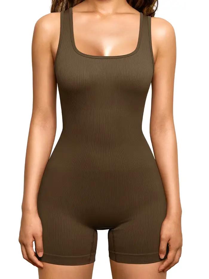 Combinaison yoga sans couture col en U - Sans manches élastique séchage rapide femme sport