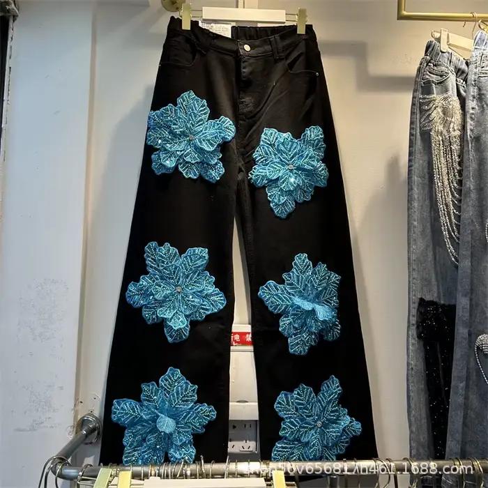 Jean de luxe à fleurs 3d et diamants pour femme, pantalon en Denim droit, taille haute, extensible,