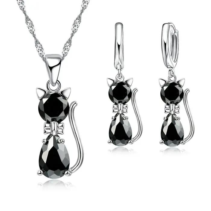 Ensembles de bijoux en argent CZ pour femmes et filles, collier en forme de chat mignon, ensemble de