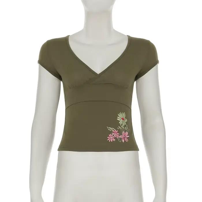 SUCHCUTE rétro Geen broderie florale col en V manches hauts Y2k femmes mince T-shirt Chic Streetwear