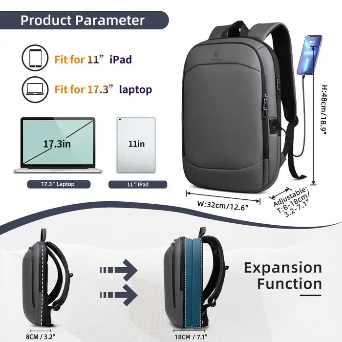 Sac à dos professionnel HK, fin et extensible, pour ordinateur portable 17 pouces, avec port USB, lé