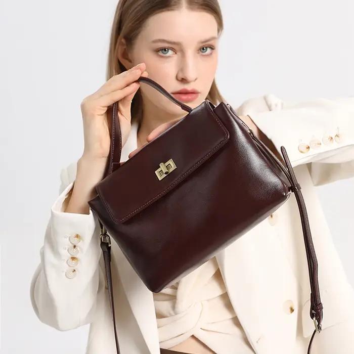 Sac à bandoulière en cuir véritable pour femme, sac à main vintage en cuir huilé, petit sac de luxe