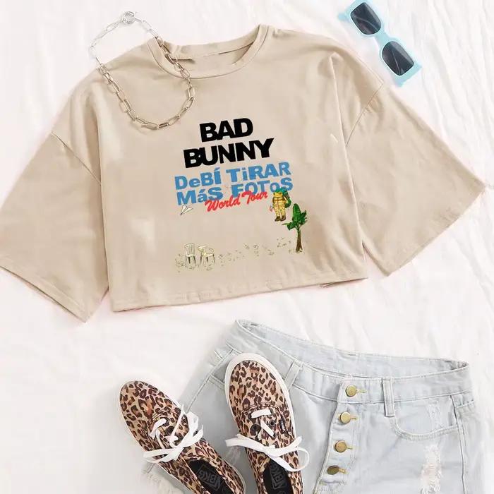 T-shirt Bad Bunny Tour 2025-2026 pour femme, col rond, manches courtes, crop top, cadeau pour les fa