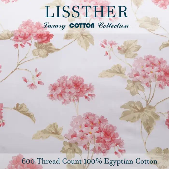 Ensemble de housse de couette 100% coton égyptien 600TC, 3 pièces, Floral de printemps rose Shabby C