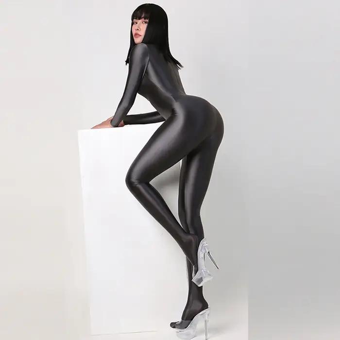 Japonais Sexy femmes à manches longues body une pièce maillot de bain collants soyeux Satin brillant