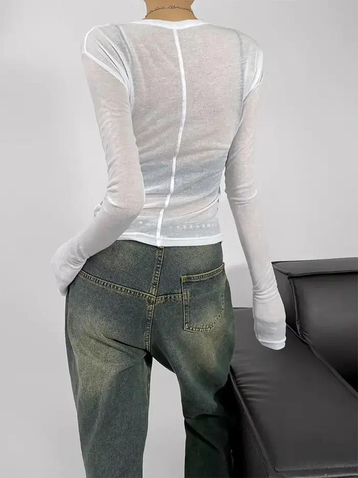 T-shirt semi-transparent à manches longues et col rond pour femme