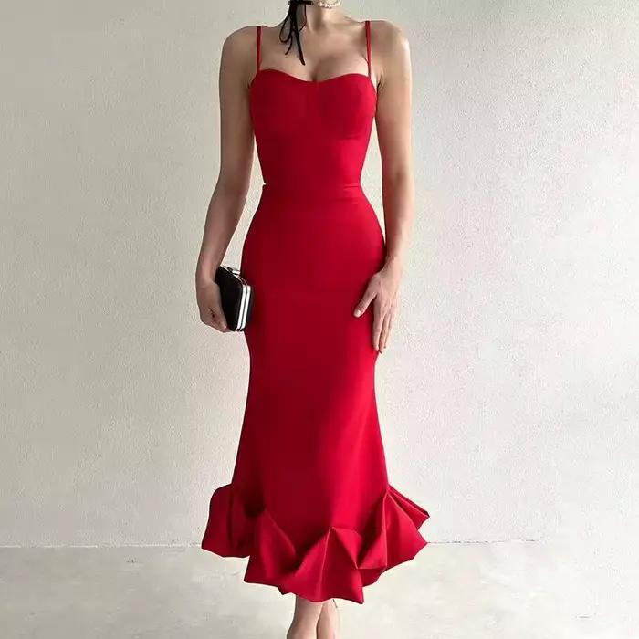 Robe mi-longue Sexy sans manches, dos nu, mode d'été, moulante, élégante, à volants, pour fête d'ann