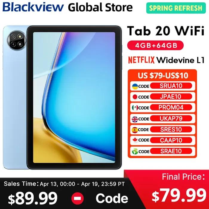 Tablette Blackview Tab 20 WIFI 10,1'' HD+ IPS Display Widevine L1 4 Go 64 Go Unisoc T310 Android 15