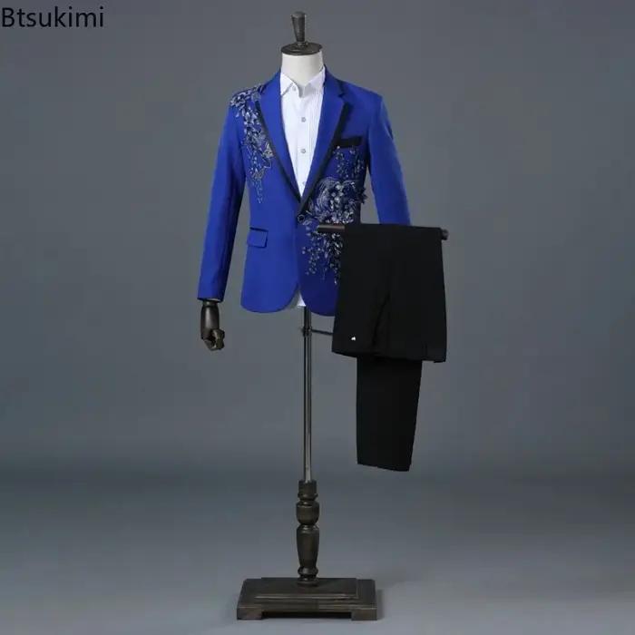 Ensembles de costumes élégants pour hommes avec des appliques de perles de luxe hôte scène chanteur