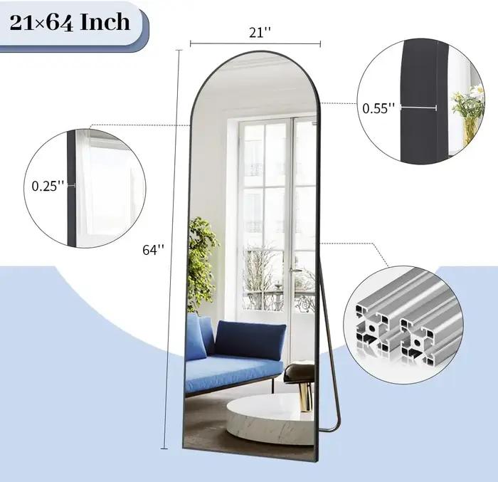Miroir de sol en arc 64 "x 21", miroir mural pleine longueur suspendu ou incliné miroir complet arqu
