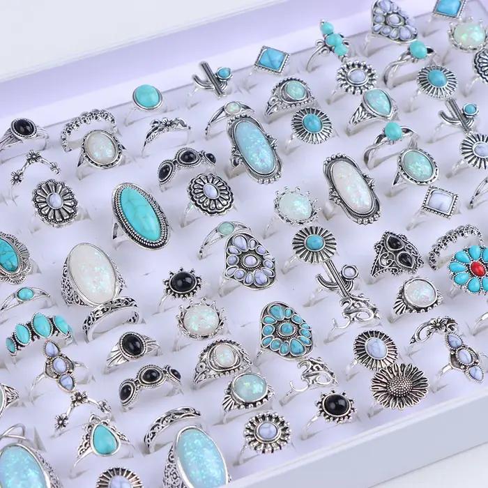 Bagues Vintage Boho en verre Turquoise pour femmes, 20/30 pièces/lot, mode Style vacances, Festival