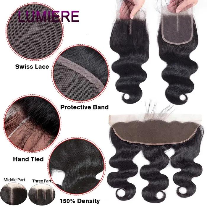 Paquets de vague de corps brut vierge 18A avec fermeture frontale HD fermeture de dentelle transpare