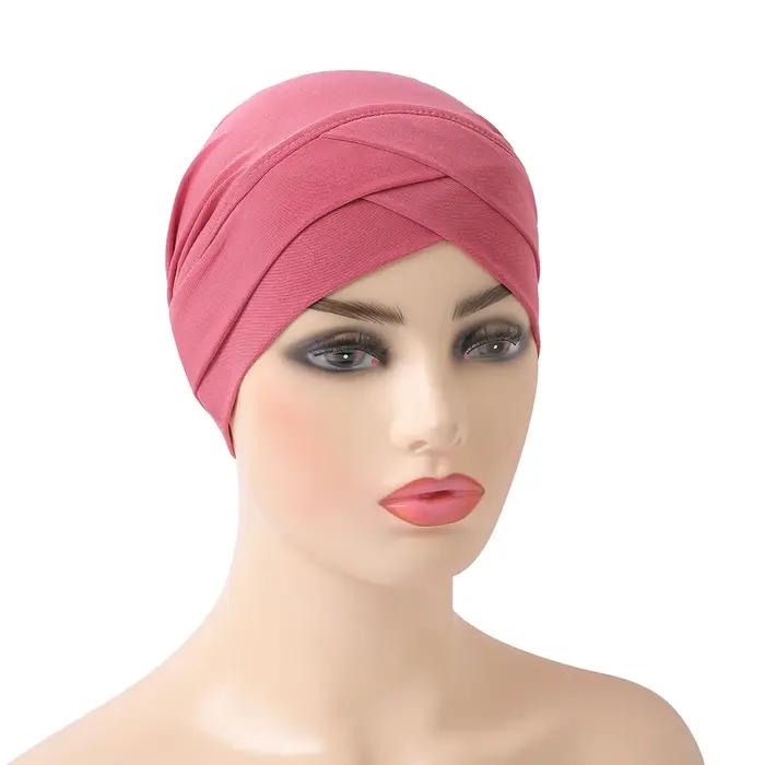 H117 front croisé musulman Turban couleur Pure extensible intérieur Hijabs pour casquettes prêt à porter femmes foulard