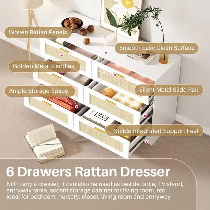 REDLIFE-Commode en rotin 47.24 "avec 6 portes, commode moderne, rangement en bois avec Golden Foy po