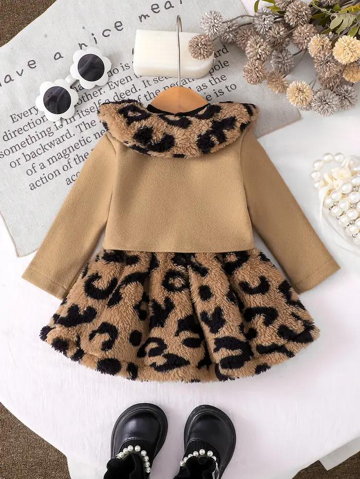 Ensemble robe en peluche à imprimé léopard + manteau court à revers pour bébé fille, ensemble deux p