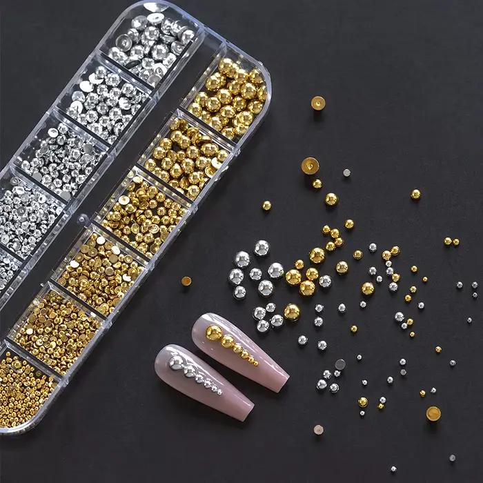 12 grilles de perles de Caviar 3D pour ongles, breloques en métal or argent, bijoux, boules en acier